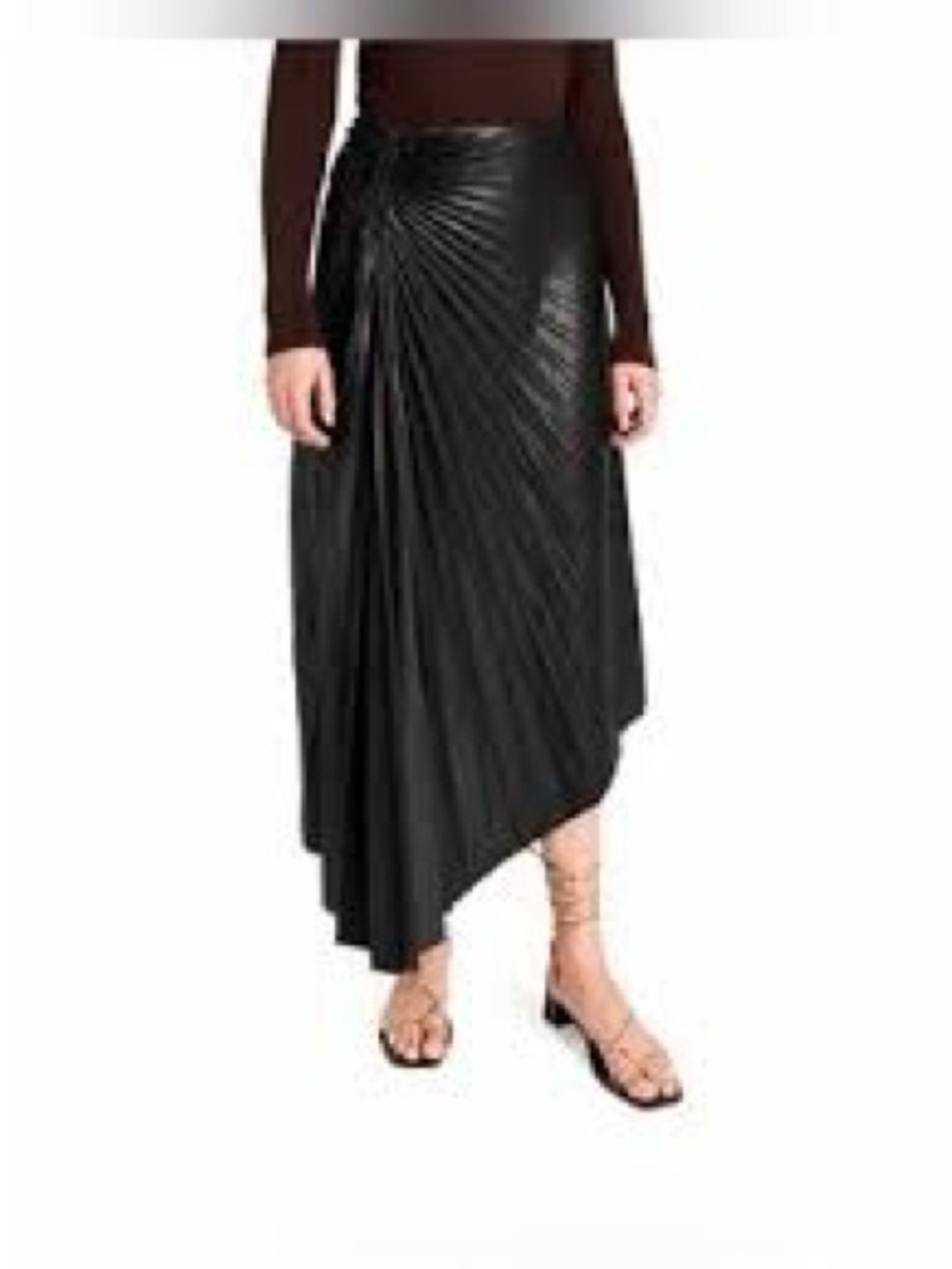 House Of Harlow 1960 Black Pleated Asymmetrical Faux Leather MIDI Skirt, Small